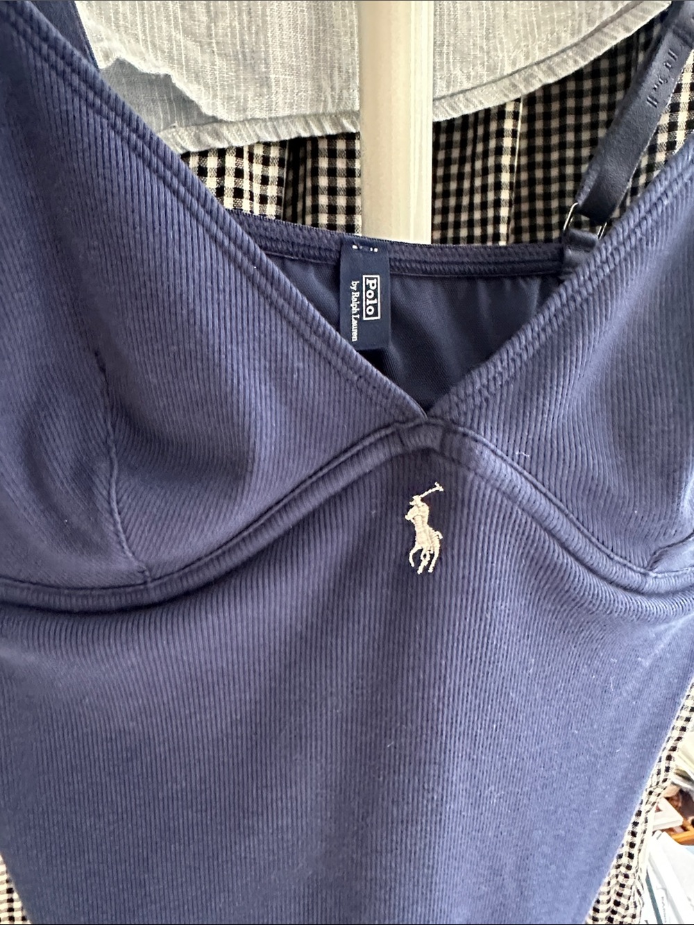 Ralph Lauren Navy Ribbed Spaghetti-Strap Bodysuit with Polo Pony - Picture 2 of 3